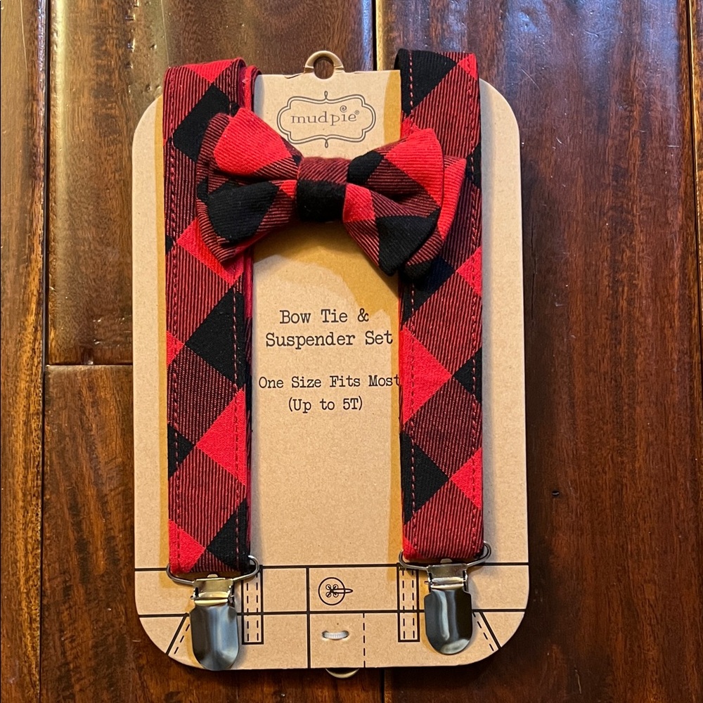 Mud Pie Red and Black Plaid Suspender and Bow Tie Set